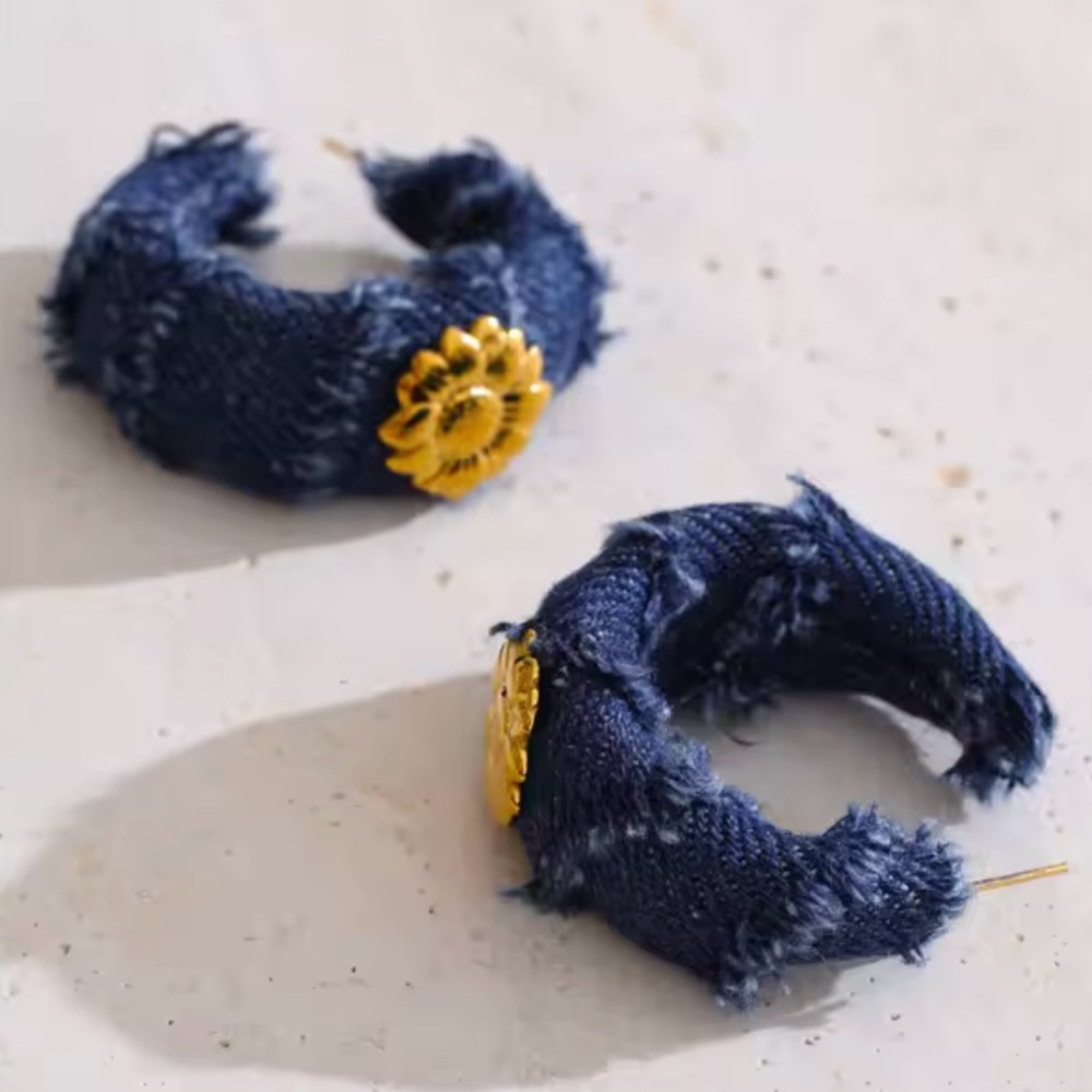 Blue Denim Hoop Statement Earrings with Gold Flower Accent